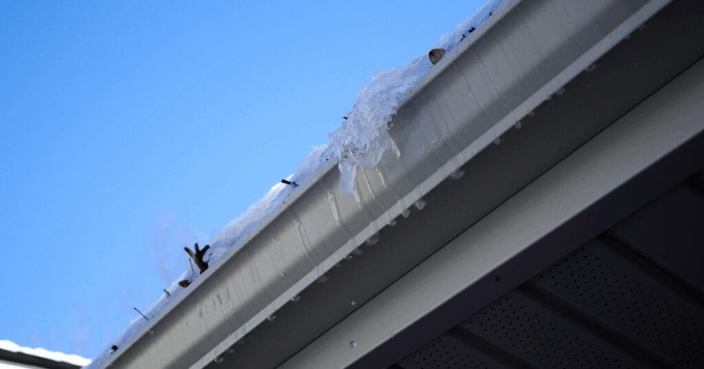 Close-up of heavy ice dams and icicles hanging from a white residential gutter against a blue sky, a common sign of poor attic ventilation and hidden winter roof damage.