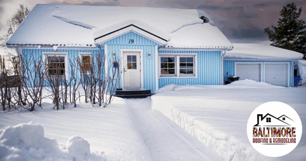 A light blue house in covered in heavy winter snow, highlighting the weight stress on the roof and the need for winter roof damage inspections by Baltimore Roofing & Remodeling.