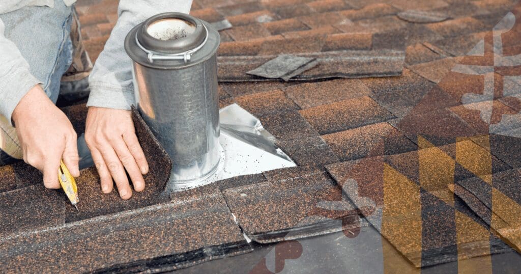 Close-up view of an experienced roofer's hands using a utility knife to cut multi-colored architectural shingles around a large, new metal vent pipe flashing penetration. This image illustrates a critical installation point inspected during a comprehensive spring storm roof audit Baltimore properties require to stay weatherproof. A faint Maryland flag pattern highlights the local service.