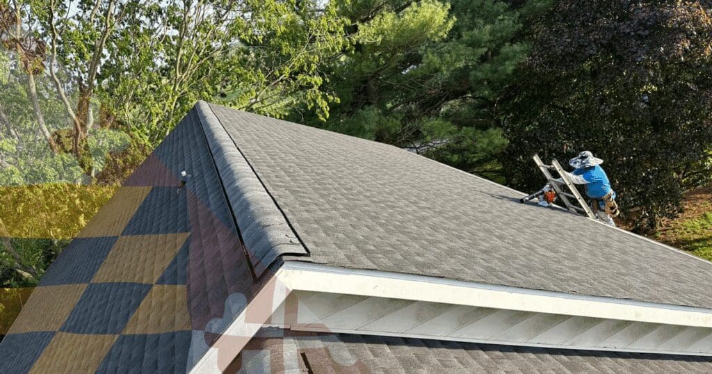 An aerial perspective photo of a neat, dark grey architectural shingle roof being installed or finished by a roofer on a ladder wearing a safety sun hat and work gear. A faint Maryland flag pattern is overlaid on the lower shingles, highlighting local quality craftsmanship following a comprehensive spring storm roof audit Baltimore homeowners trust. Dense green trees are in the background.