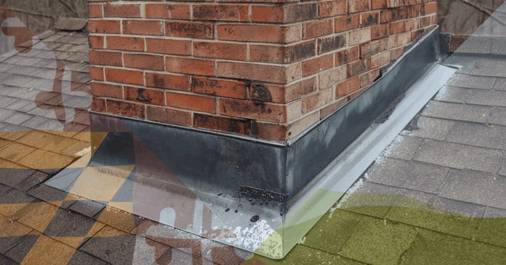 A close-up inspection photo of failed metal chimney flashing on a brick residential roof. The degraded sealant and loose counter-flashing represent common spring roof leak locations that our local technicians aggressively target during diagnostic audits across Baltimore County and Howard County.
