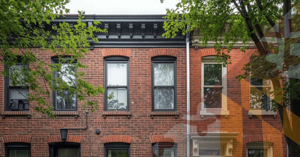 A street-level view of historic red brick rowhouses in Baltimore showing shared party walls. Because water migrates laterally, these properties face a high risk of Maryland home insurance non-renewal if a neighbor's failing flat roof system saturates the shared structural masonry during spring rain.