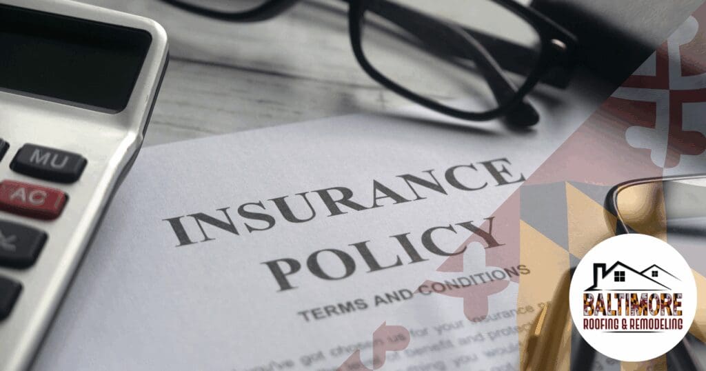 Close-up view of a homeowner's insurance policy document alongside a calculator and reading glasses. When dealing with an insurance company forcing roof replacement, Maryland homeowners must carefully review these terms and conditions. The image features a faint Maryland flag overlay and the Baltimore Roofing & Remodeling logo to highlight local advocacy.