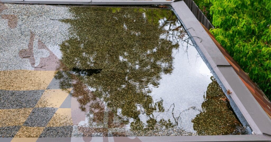 A severe case of flat roof ponding water where a large, stagnant puddle remains trapped on a residential rubber membrane long after a rainstorm. This standing water acts as a magnifying glass for intense summer UV radiation, aggressively breaking down the structural seams and threatening homes from Harford County down to Anne Arundel County.