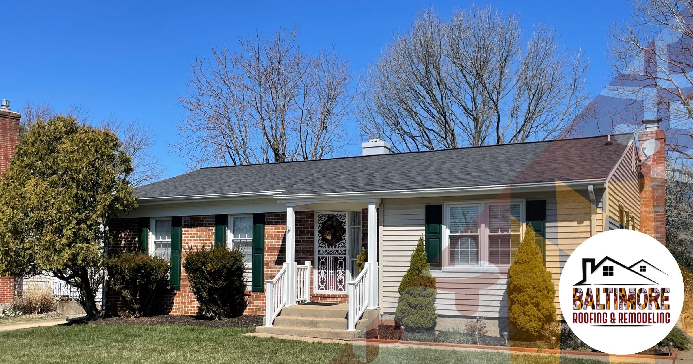A newly renovated suburban home near Baltimore County featuring a seamlessly integrated exterior envelope with fresh shingles and siding. When property owners replace roof and siding at same time, they protect their structural framing from hidden water damage and eliminate double mobilization costs. Features the Baltimore Roofing & Remodeling logo.
