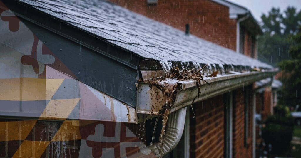 Rainwater overflowing from a residential gutter clogged with wet leaves and debris during a storm.