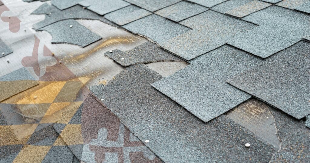 Close-up of cracked, blistering, and delaminated asphalt shingles exposing the roof deck due to severe trapped heat in the attic space.
