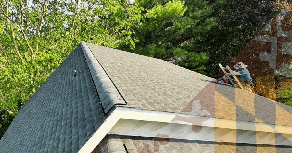 A roofing contractor on a ladder inspecting the peak of a roof to ensure the ridge vent is allowing proper convective airflow.