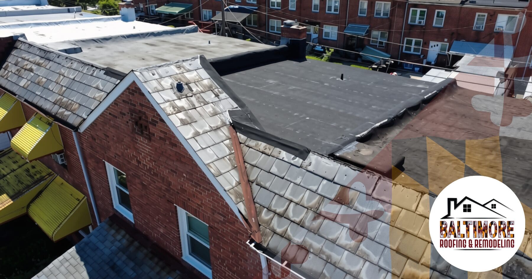 Aerial view of a historic Baltimore brick rowhome featuring a low-slope roof membrane susceptible to structural joist deflection if drainage fails.