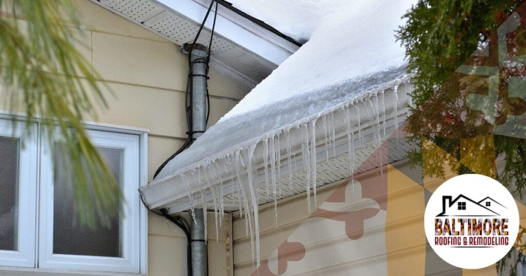 Severe ice dam formation on Maryland roof eaves highlighting the critical need for fall ice dam prevention and thermal airflow audits.