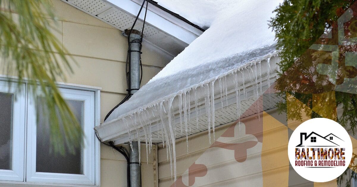Severe ice dam formation on Maryland roof eaves highlighting the critical need for fall ice dam prevention and thermal airflow audits.