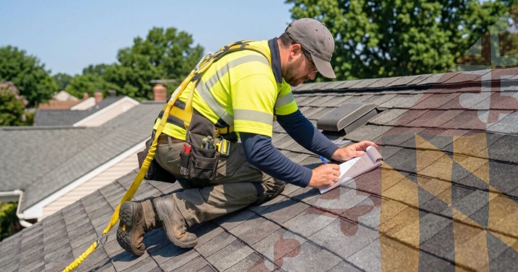 A roofing specialist in safety gear conducting a pre-winter structural roof audit to secure the exterior envelope against freeze-thaw cycles.