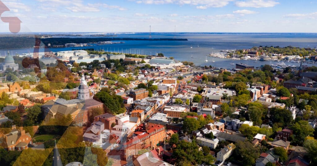 Aerial view of historic Maryland architecture, illustrating the varied regional exterior envelopes that require specialized winterization strategies.